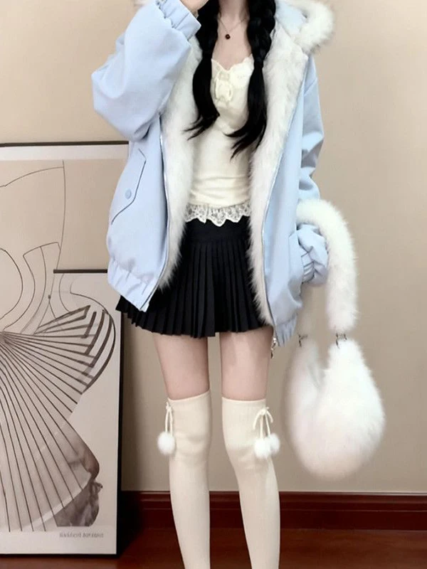 

Cute Blue Ear Hooded Double-Sided Wearable Cotton Jacket Women's Winter Loose Warm Cotton Clothes Sweet College Style