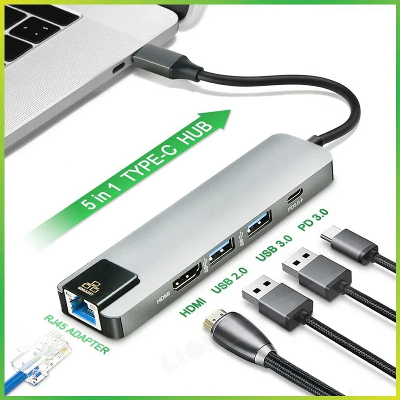【Fast Delivery】Multi-function 5 in 1 USB Type C Hub HDTV PD Charging USB C Docking Station Gigabit Ethernet RJ45 Lan Adapter