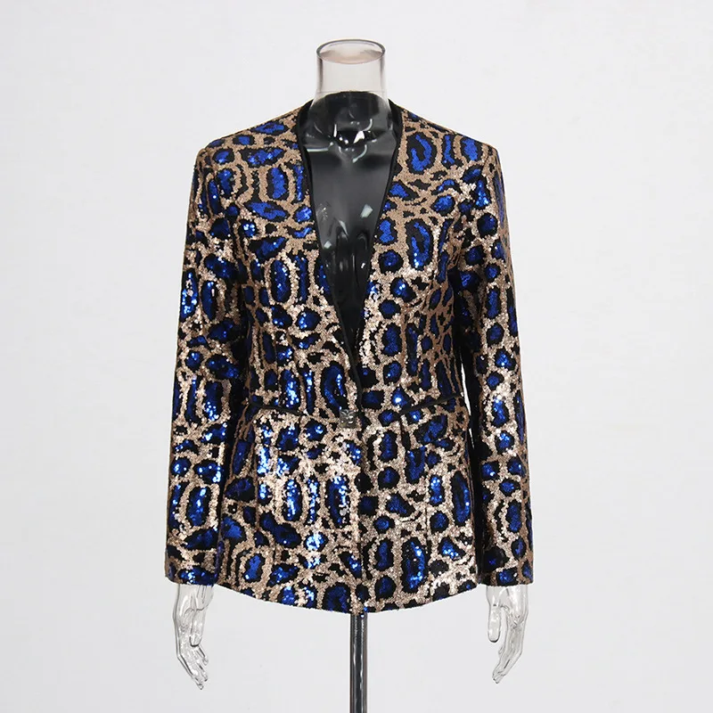 

Sexy V-Neck 2025 Jacket New Personalized Leopard Print Sequin Design Loose Suit Jacket For Women
