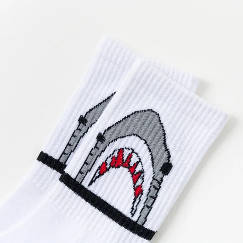 Fashion Shark Hip Hop Socks Men Long Socks Cartoon Hiphop Street Sport Skateboard Black White Crew Socks Street Fashion Gifts