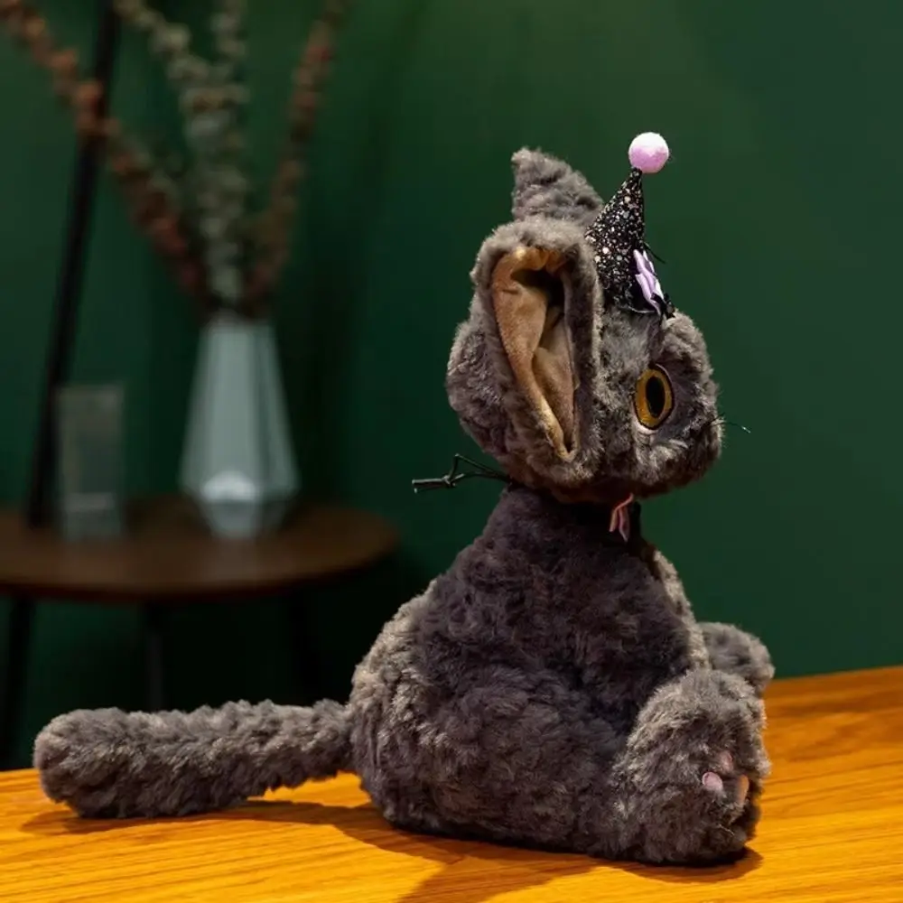 Juguete de peluche de gato Devon Rex estilo Halloween, cesta de calabaza, corbata de telaraña, muñeco de peluche de gato negro, 30cm, ojos grandes, almohada de Manta Devon Rex