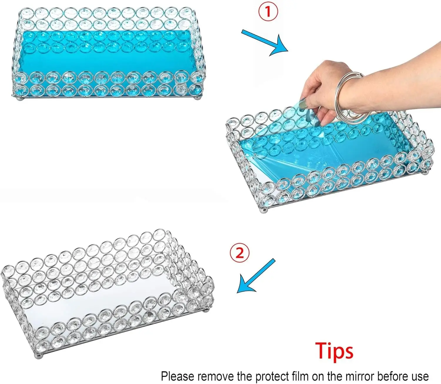 

Crystal Perfume & Jewelry Tray, Mirrored Makeup Organizer, 13.7' x 7.87' Decorative Storage for Dresser or Bathroom