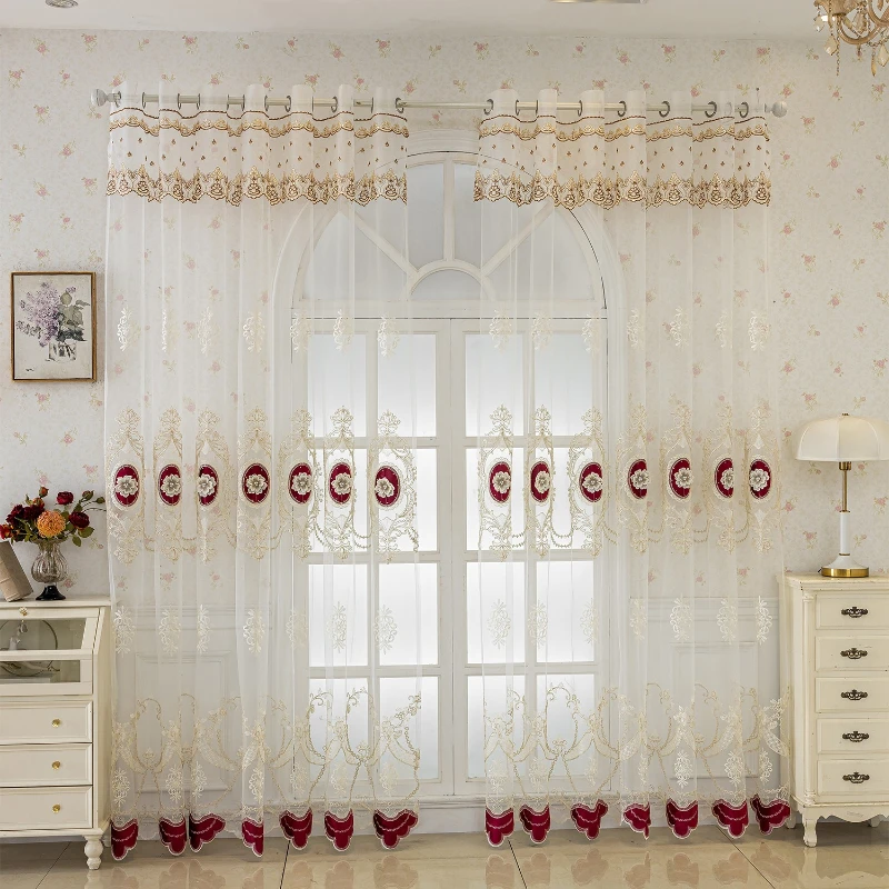 Luxurious Pearl Embossed Lace Embroidery Flower Translucent Living Room Bedroom Balcony Bay Window Curtains Custom Size