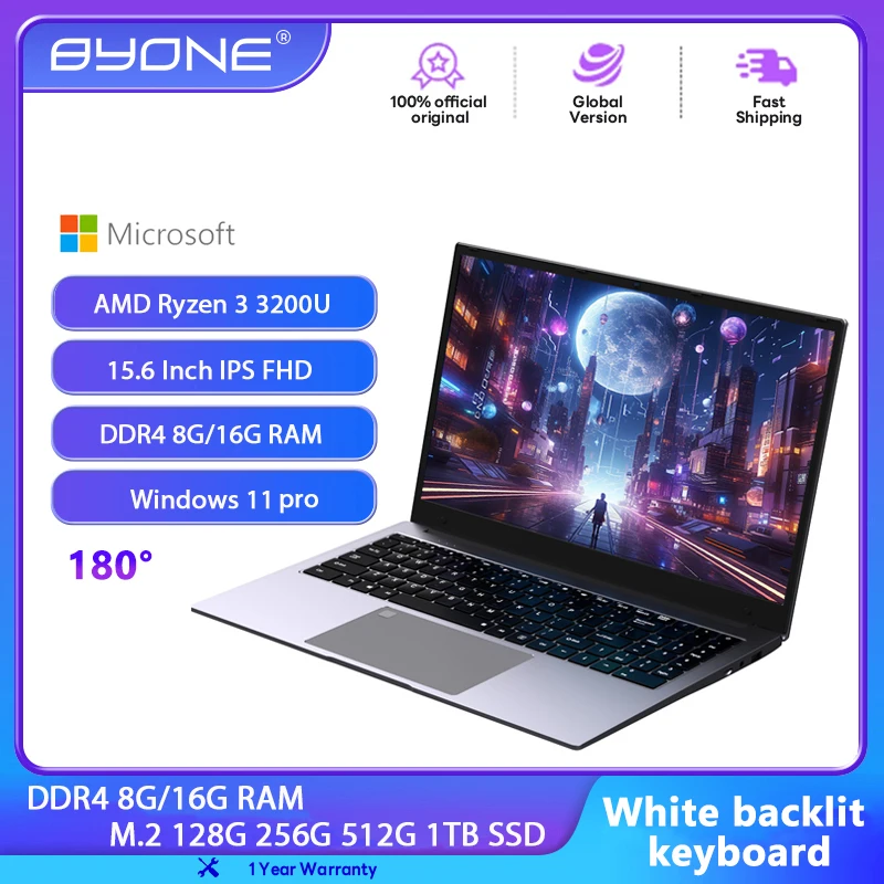 BYONE 15.6 Inch Laptop, AMD R3 3200U, 8GB/16GB DDR4 RAM, 512G/1TB SSD, 1080P IPS Display, Windows 11, Business & Study Notebook