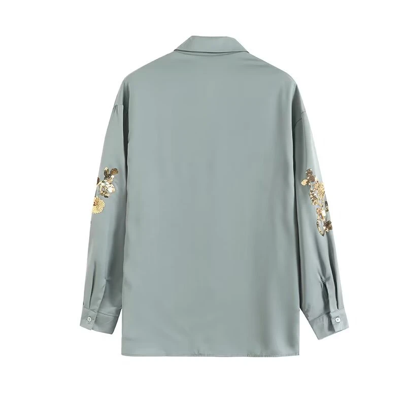 KEYANKETIAN 2025 Spring New Women's Sequined Decoration Satin Blouse Single Breasted Loose Long Sleeve Shiny Shirt Female Top
