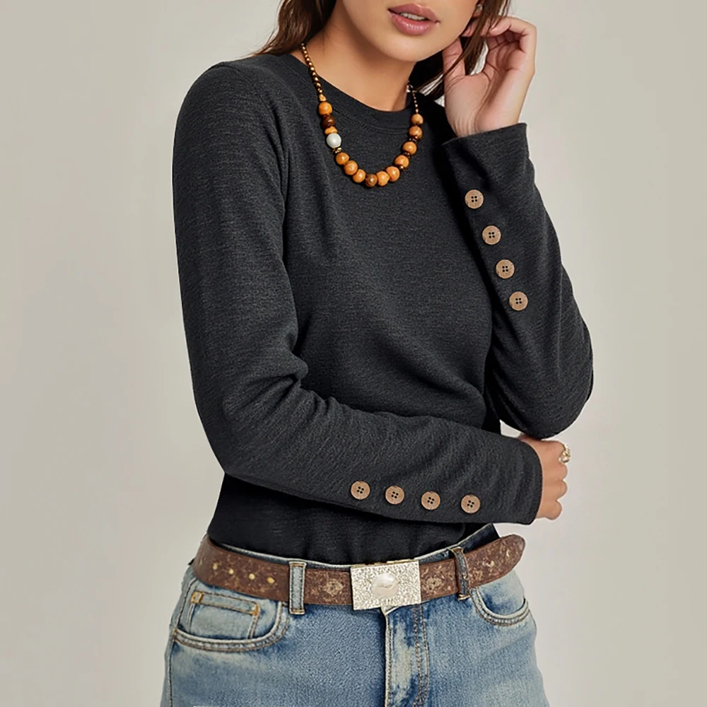 

Mia Muse Select Autumn Women's T-Shirts Simple Basics Button Solid Color Long Sleeve Crew Neck Casual Tees