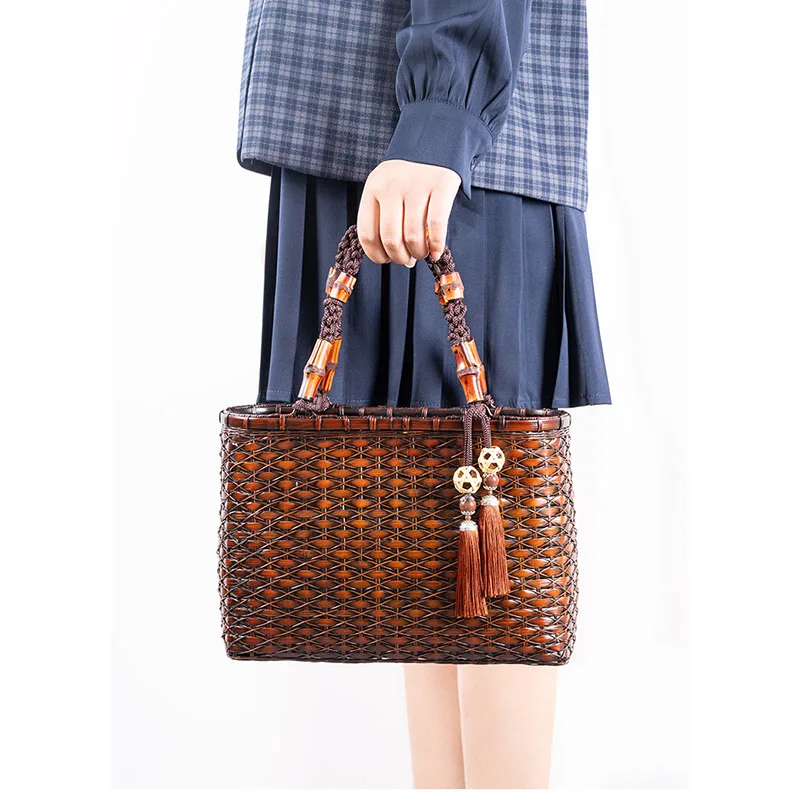 Retro Rattan Bag Hand Woven Bamboo Bag Summer Women\'s Large Capacity Handbag Hanfu Beach Straw Wicker Bags Tea Set Storage Bag