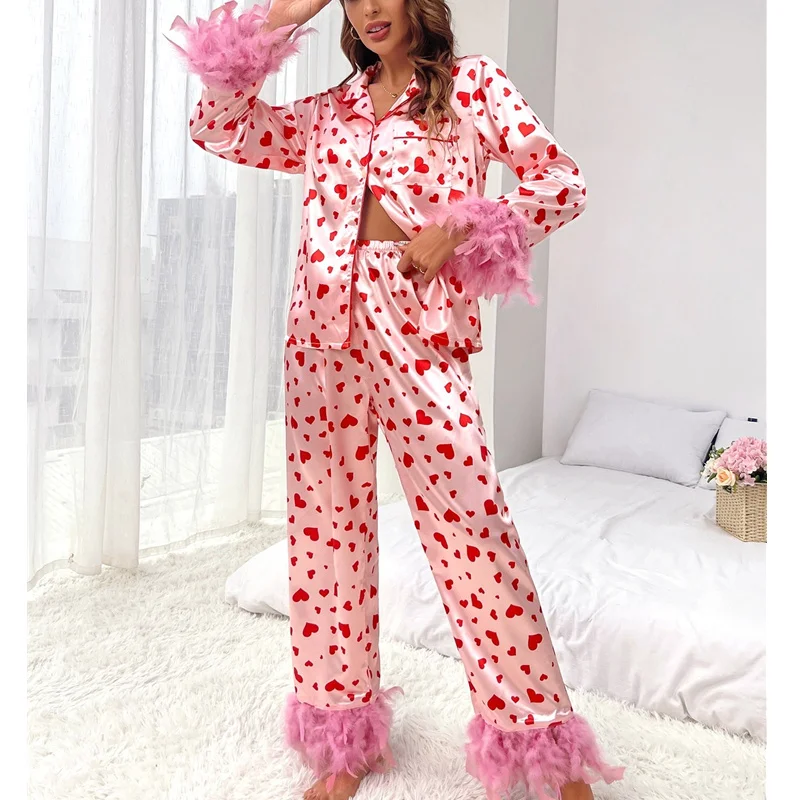 Xingqing Valentines Day Pajamas Heart Print Feather Cuff Long Sleeve Lapel Button Down Tops with Long Pants Satin Loungewear Set