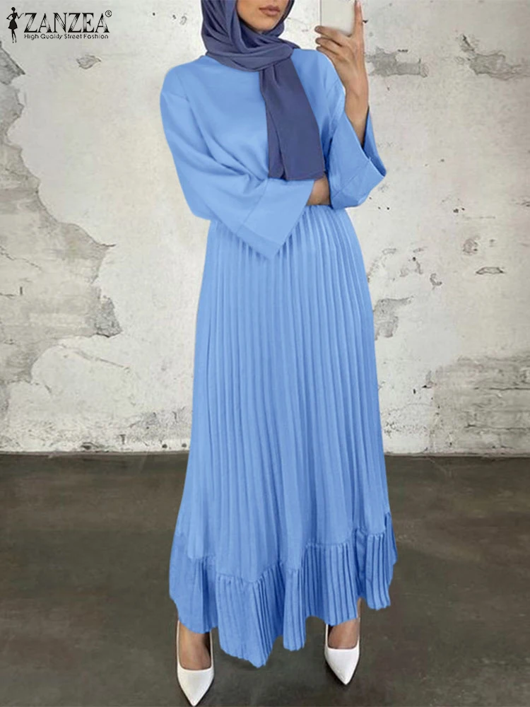 

2025 ZANZEA Muslim Hijab Dresses Turkey Dubai Abaya Kaftan Fashion Women Long Sleeve Solid Pleated Dress IsIamic Robe Vestidos
