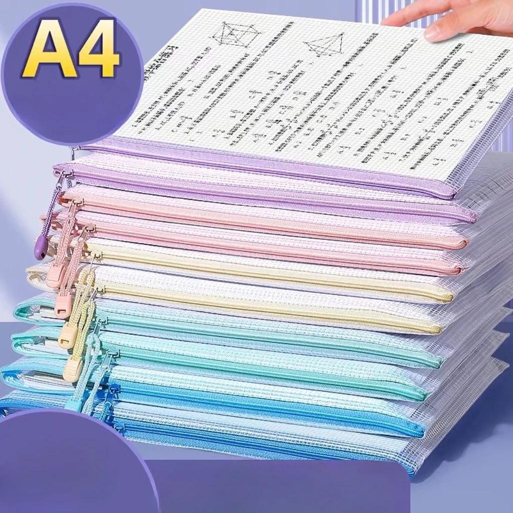

A4 Zipper Mesh Bag Macaron Light Color Document Bag Thick Waterproof Zip File Folder Student Stationery Organizer for Office