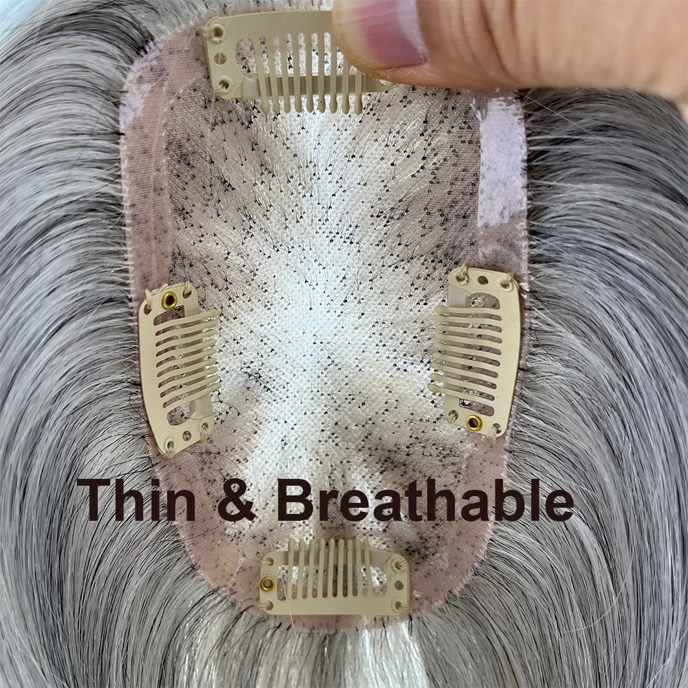 Topper de cabelo humano cinza mono net pu em torno de luz respirável em linha reta cinza branco misturado cabelo brasileiro virgem com clipes em mulheres