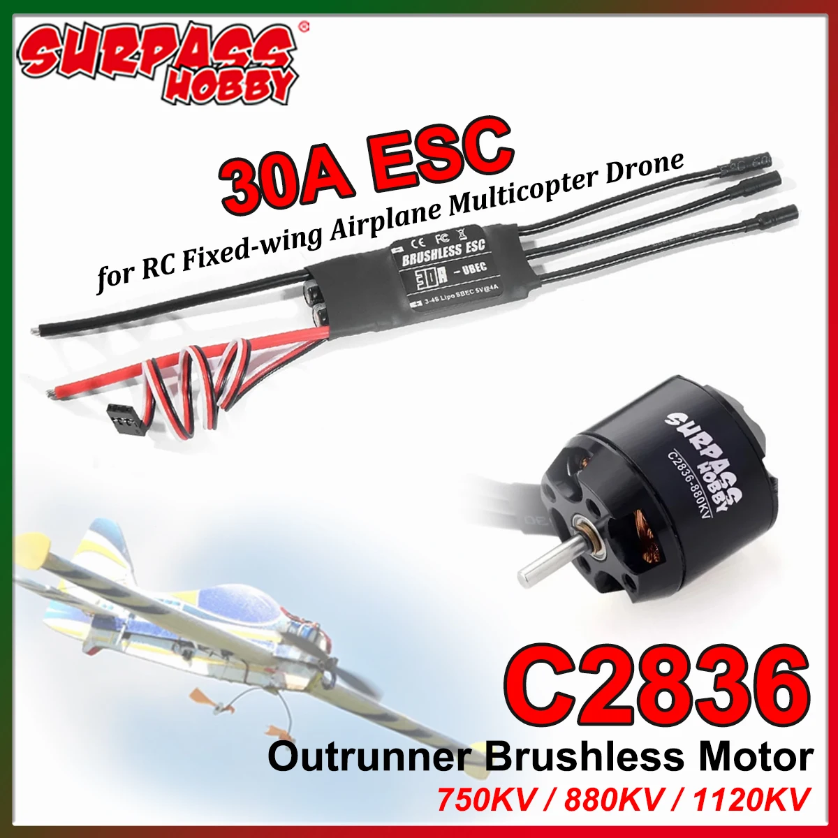 Moteur brushless outrunner SURPASS HOBBY C2836 2836 750KV 880KV 1120KV et ESC 30A pour avion RC à voilure fixe, planeur, drone FPV