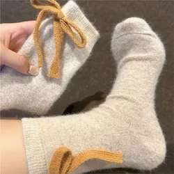 Autumn Winter Rabbit Wool Socks Kawai Bow Women Fleece Thickened Cotton Mid-tube Sock Korean Three-dimensional Jewelry Stockings