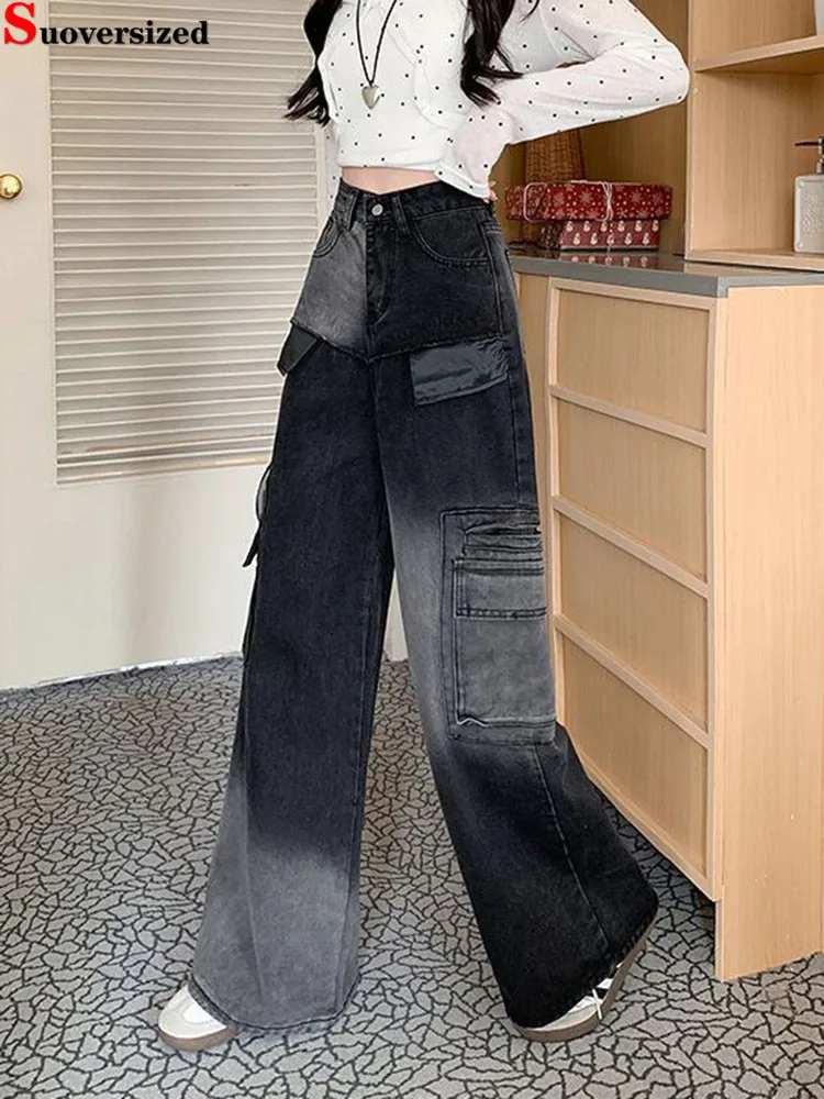 

Patchwork Fashion Streetwear Cargo Jeans Women's Casual Straight High Waisted Denim Pantalones Vinatage New Korean Vaqueros