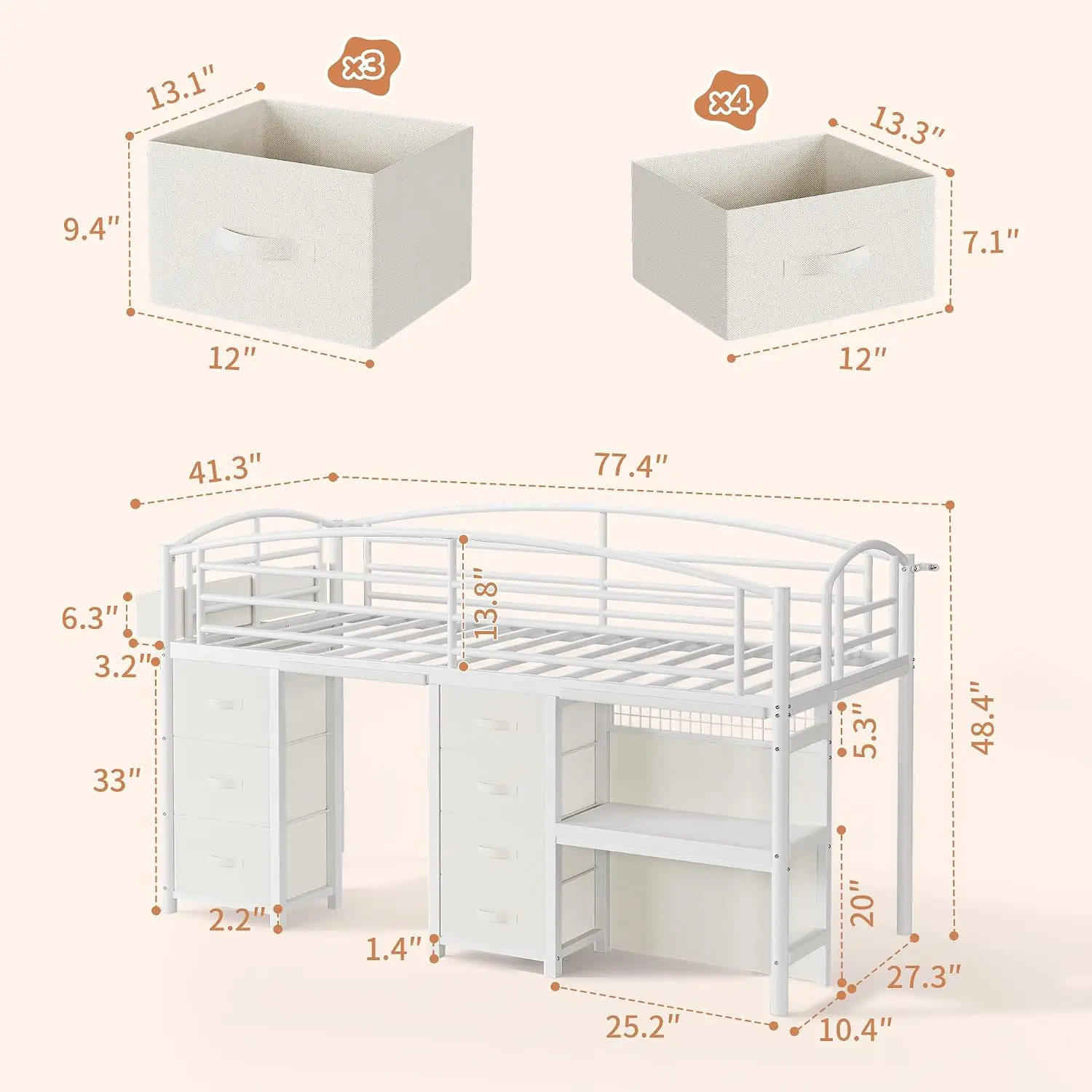 Twin Loft Bed Desk 7 Drawers LED Lights Metal Frame 12