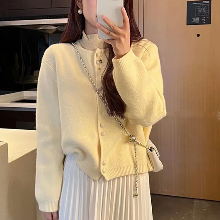 2024 Ladies New round Neck Double Button Knitted Cardigan Spring Soft Glutinous Solid Color Sweater