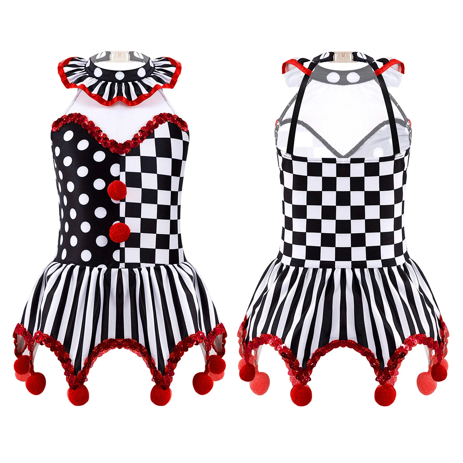 Kids Girls Circus Clown Cosplay Costume Joker Clothes Costume Tutu Dress Sleeveless Stripes Leotard Dress Carnival Fancy Party