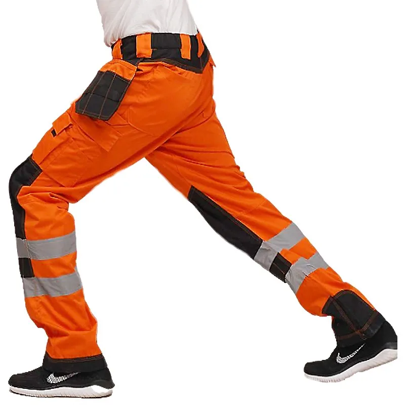 Solid-Resistant Fluorescent Yellow Multi-Flap Pocket Pants Overalls Pants Night Reflective Strip Safety Pants Tool Pocket Men's Pants Orange