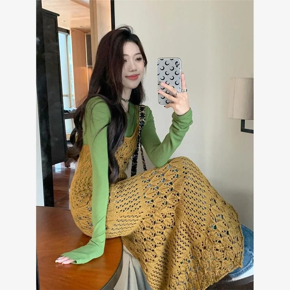 

Spring New Sle Women's Knitted Dr Hollow out Strap Long Skirt Base irt T-irt Cover up Polyester Fiber Long Sve