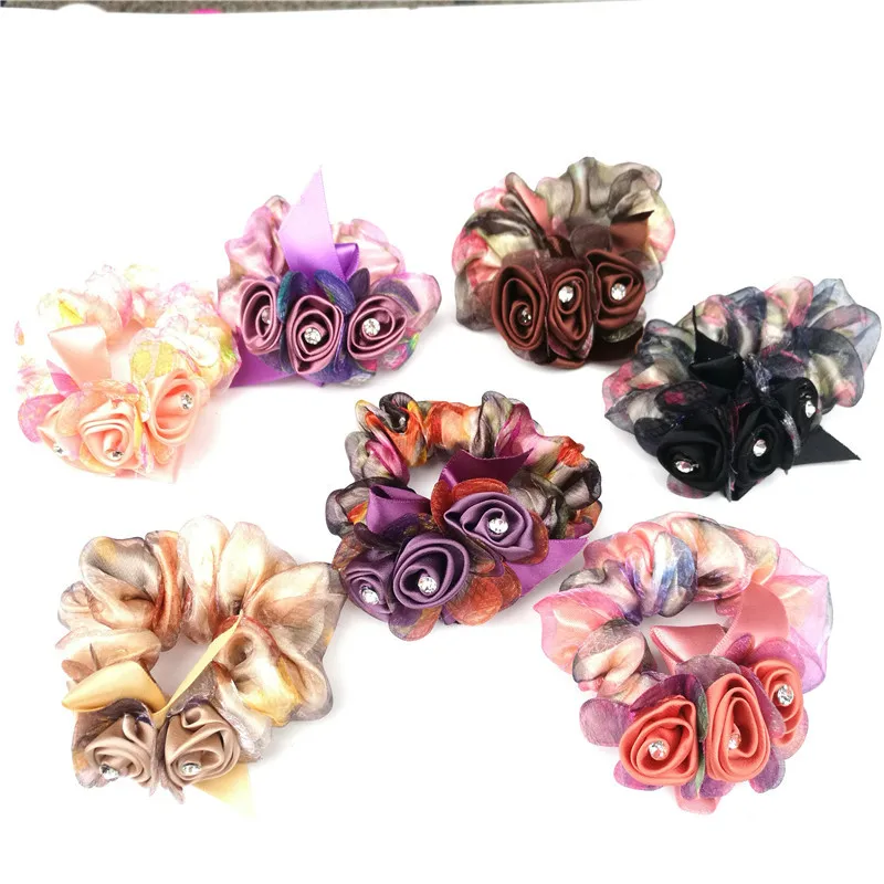 Fashion Flower Yarn Hair Rope Elegant Faux Crystals Rhinestone Bow Hairband For Women Girls Bun Ponytail Scrunchies Hair Jewelry