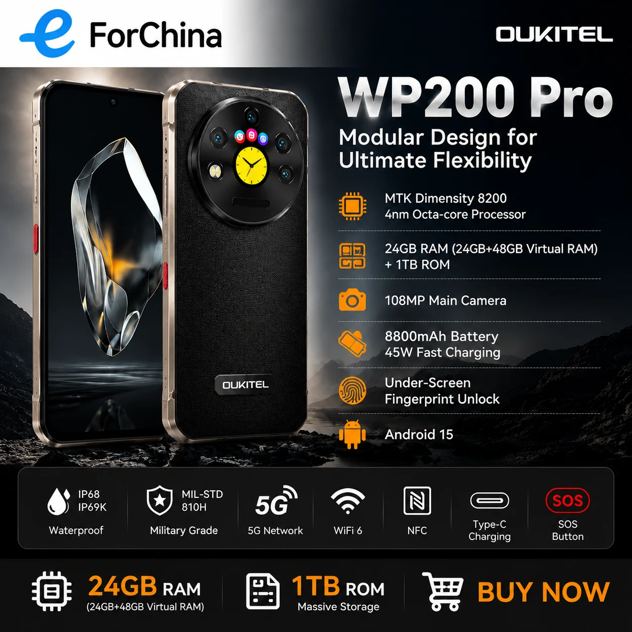 Oukitel WP200 Pro 5G Rugged Smartphone 108MP Camera 8800mAh 45W 24GB+1TB 6.7 inch FHD+ AMOLED Display 120Hz Android 15 NFC