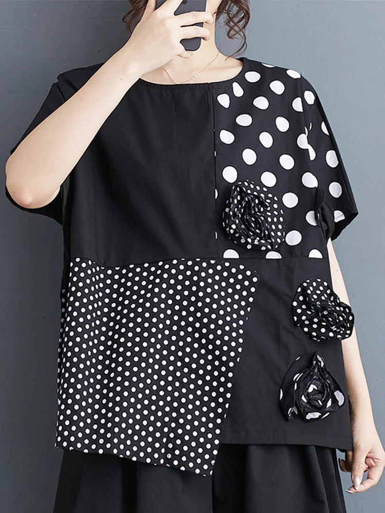 Black Vintage Oversized Polka Dot T-shirt Women O-Neck Short Sleeve Loose Casual Tshirt Tops Fashion Clothing New Summer 2024