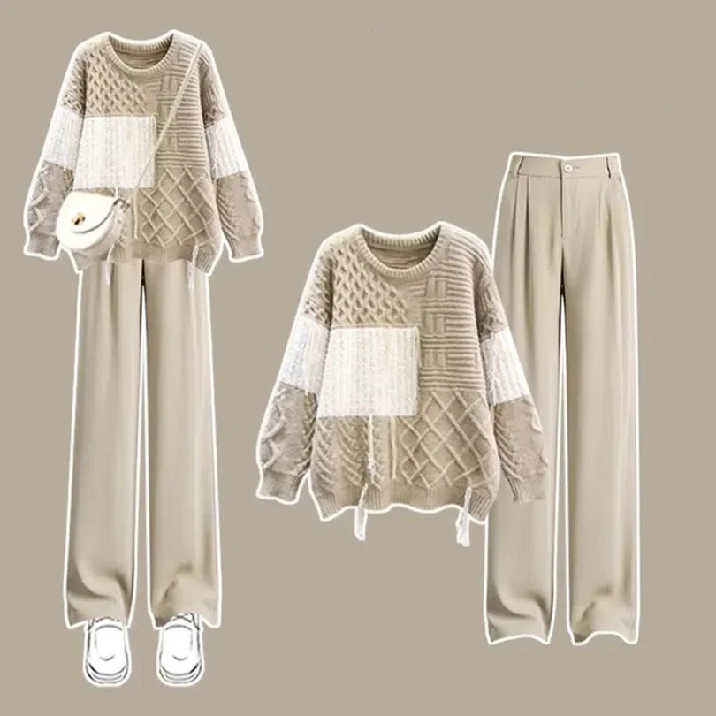 Autumn Set 2023 New Large Women\'s Age Reducing Loose Knitted Sweater Fashion Casual Pants Two Piece Set Fashion