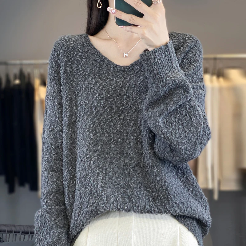 

2024 Autumn/Winter New Blended V-neck Knitted Shirt Long Sleeve Women's Fashion Solid Color Woolen Sweater Lazy Top