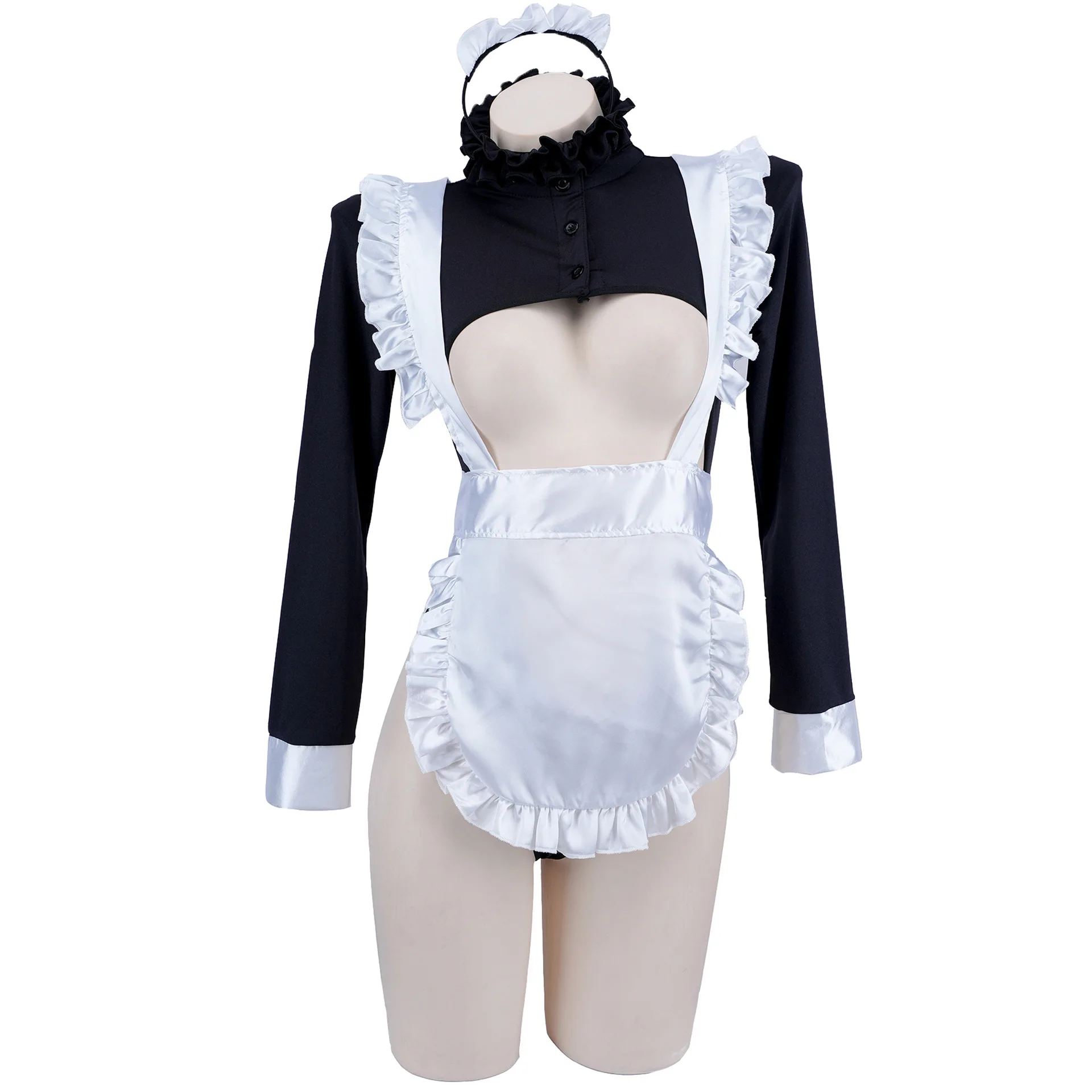 Costume de femme de chambre évidé à fourche haute, coupe ouverte sexy, uniforme de femme de chambre à manches longues, cosplay de jeu de plis, fête de nuit, anime