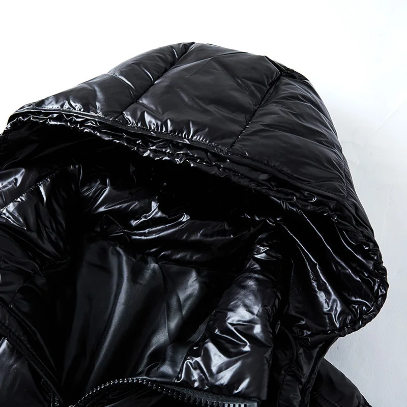 90% White Duck Down Down Jacket with Black Glossy Face for Men and Women, Large Size Jacket with Hood and Thickened Bread Jacket