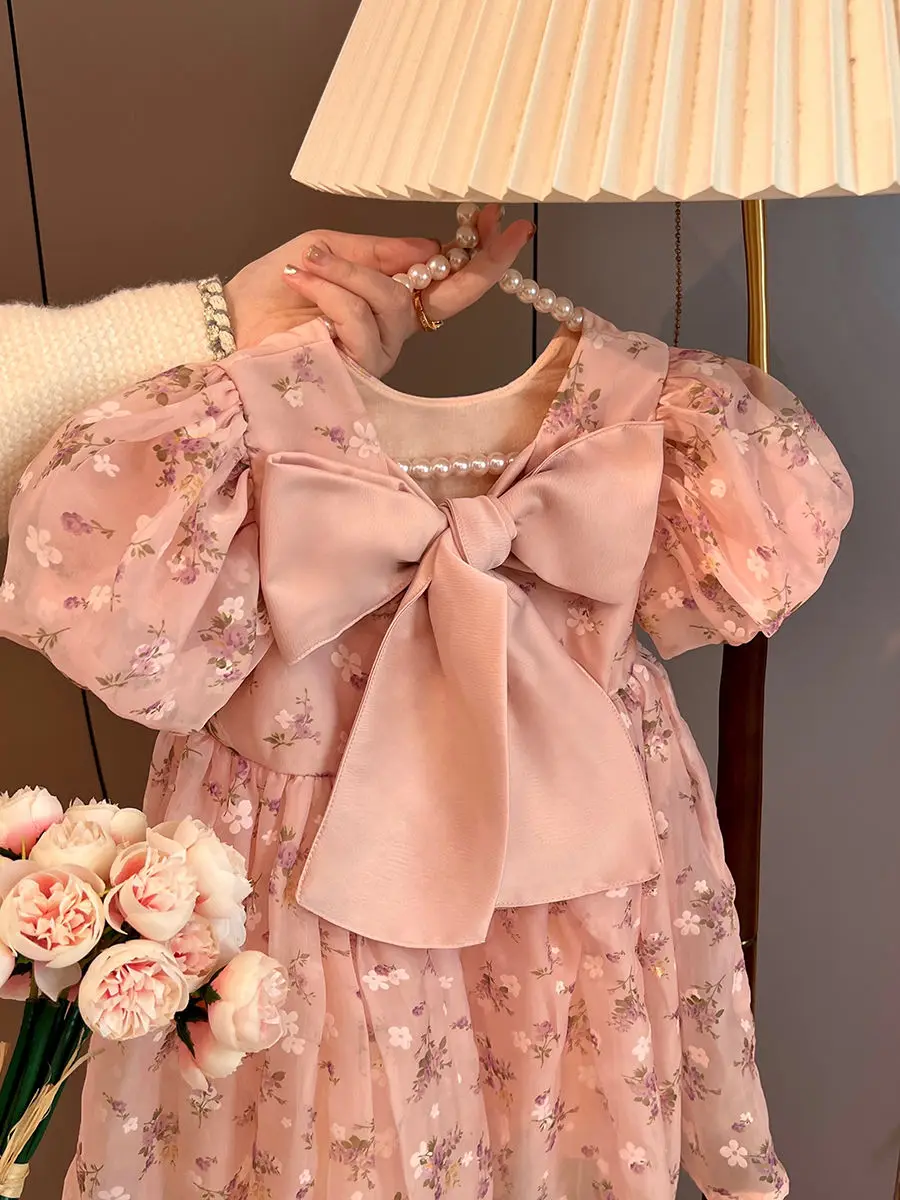 Girls Puff Sleeve Princess Dress Children Summer 2024 New Sweet Lovely Floral Print Bow O-neck Light Soft Comfort Kids Clothes