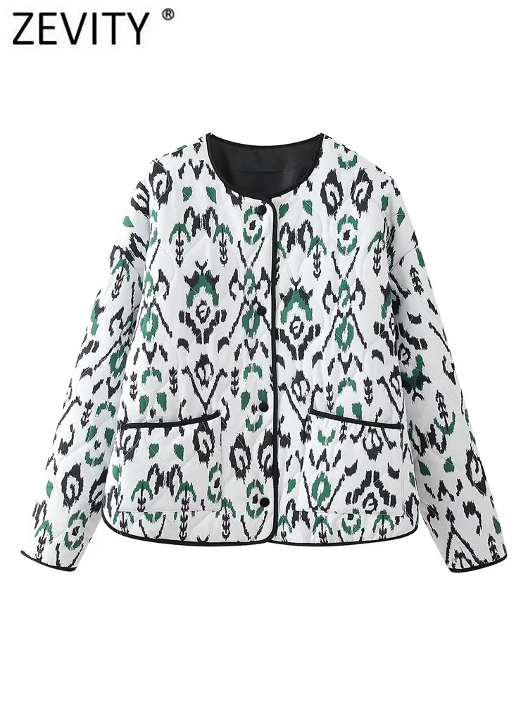 ZEVITY 2024 Women Vintage Graffiti Print Quilted Cotton Jacket Coat Female Long Sleeve Pockets Outerwear Chic Short Tops CT6284