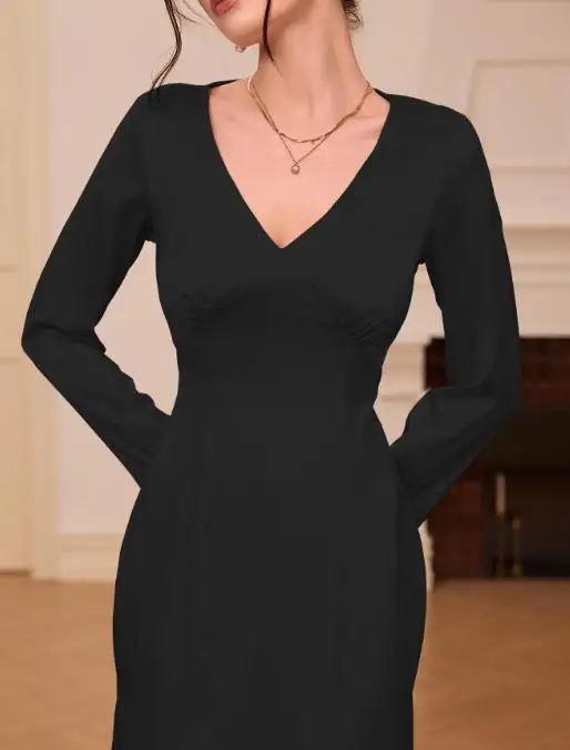 

2026 Autumn/Winter French V-Neck Elegant Satin Dress Temperament Commuting New Fashion High Waist Slim High Luxury Long Dresses
