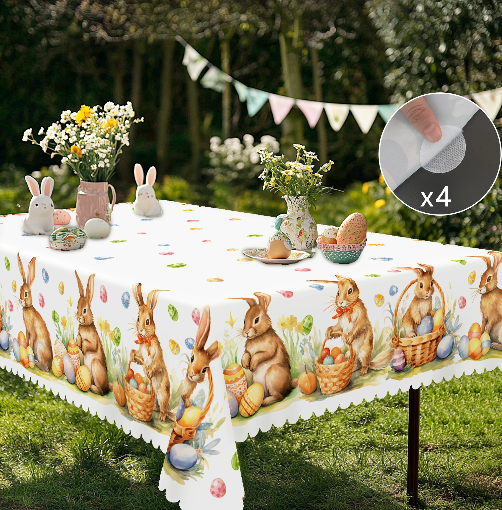 1 Easter Round Tablecloth, 5 Sizes Available, Easter Tulip Egg Rabbit Printed Square Tablecloth, Edge Embossing Process, Spring Garden Tablecloth
