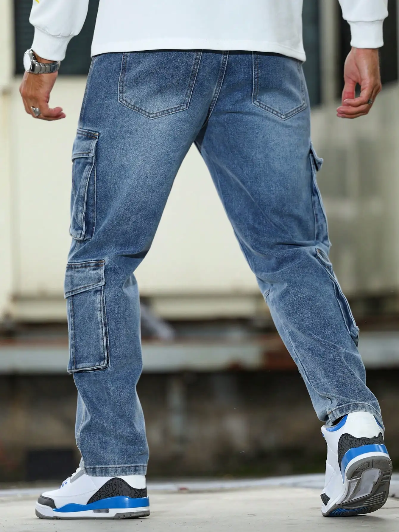 Pop Men's Light Blue Cargo Jeans With Multiple Pockets For All Seasons. Streetwear, Hip - Hop. Streetwear, Hip - Hop.