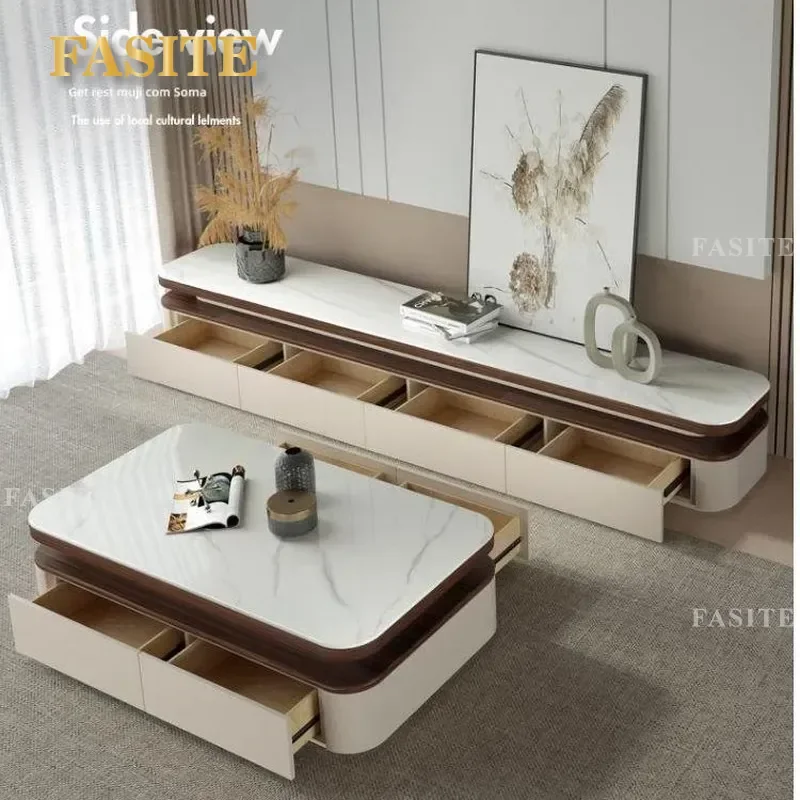 For Living Room Walnut TV Stand and Coffee Table Set Modern Simple High End Glass Top Furniture Full Suite Home Decor