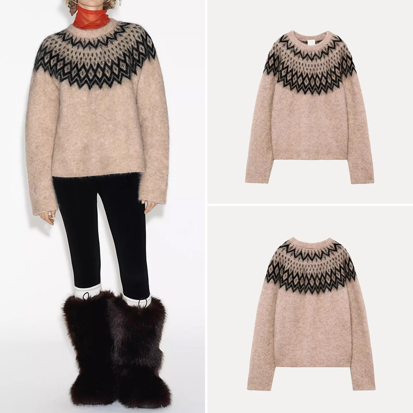 

Faionable Knitted Sweater with Embroidery Ele Personali Simple Match Long Sve round Ne Geometric Pattern for Women