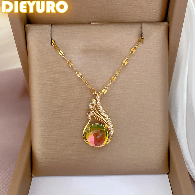 

DIEYURO 316L Stainless Steel Classic Shiny Colorful Circle Zircon Wing Pendant Necklace For Women Trend Neck Chain Jewelry Gift