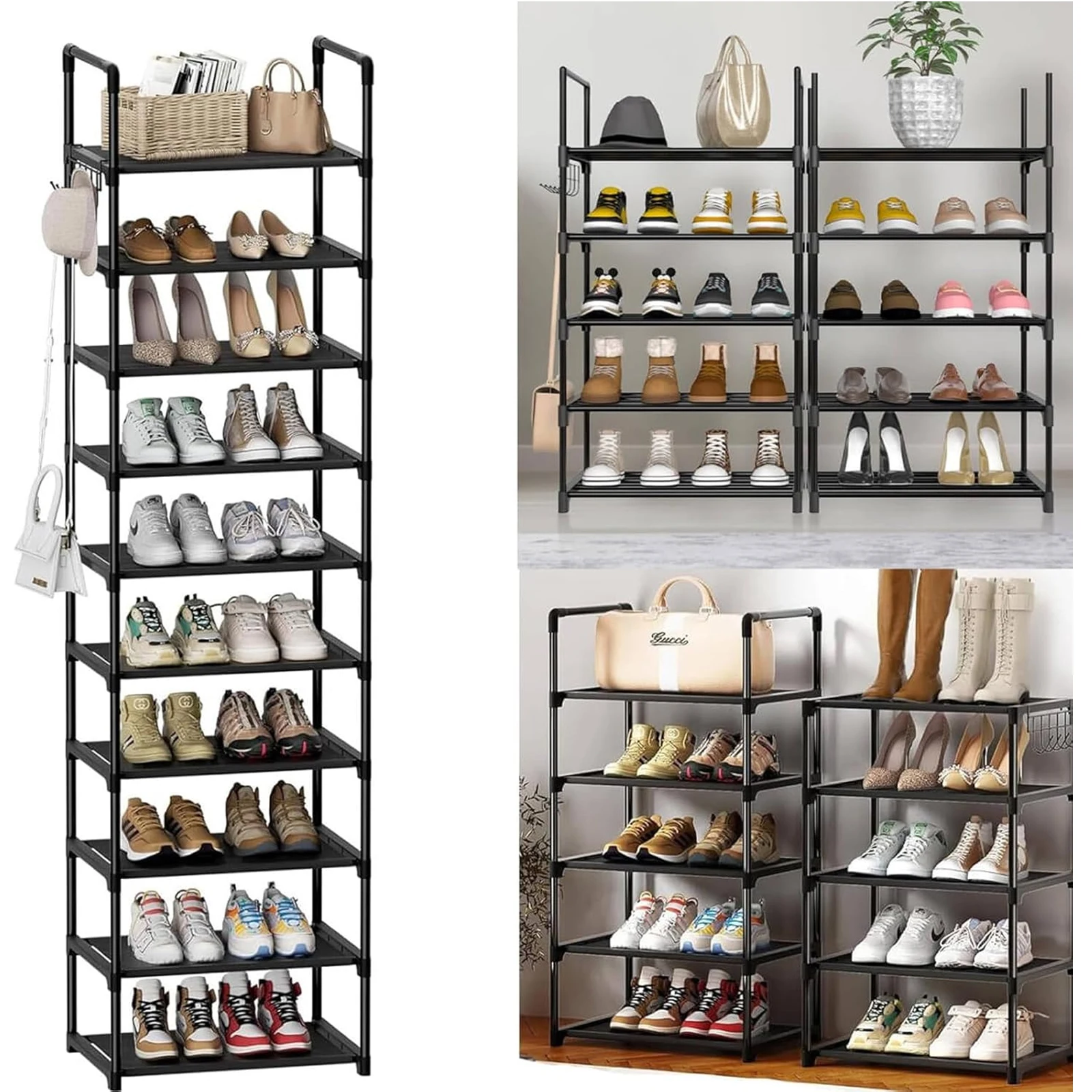 10-stufiges Schuhregal, schmales Schuhregal mit Haken, einfache Montage, platzsparend, 40 x 30 x 175 cm, Aufbewahrungsorganisator für Schlafzimmer, Flur, Eingangsbereich, Garderobe, Schrank, Ecke,