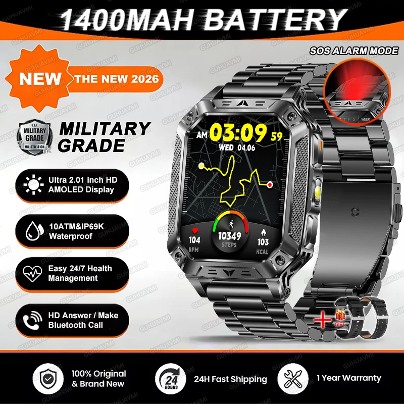 2026 TANK Nieuwe 1400mAh Militaire GPS Smart Watch Mannen 2.01 "AMOLED Scherm 10ATM Waterdichte Klok SOS Oproep Zaklamp Smartwatch iOS