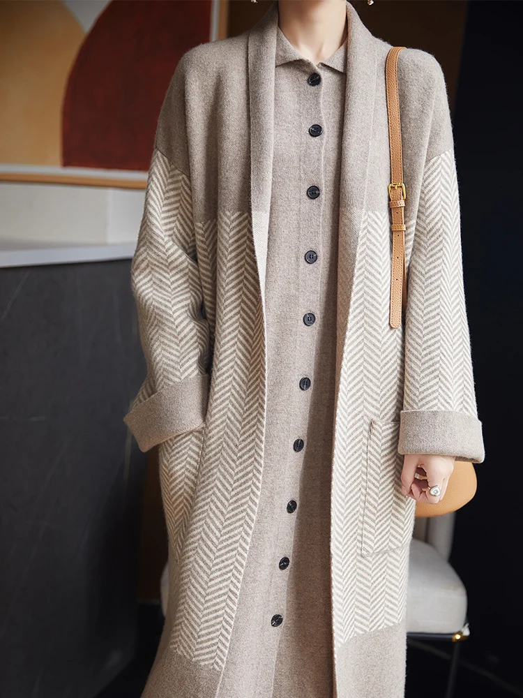 سترة نسائية من صوف ميرينو 100% معطف خريفي وشتوي ناعم ودافئ ومتطور كسول رقيق بطول الركبة ملابس متعددة الاستخدامات خالدة #2