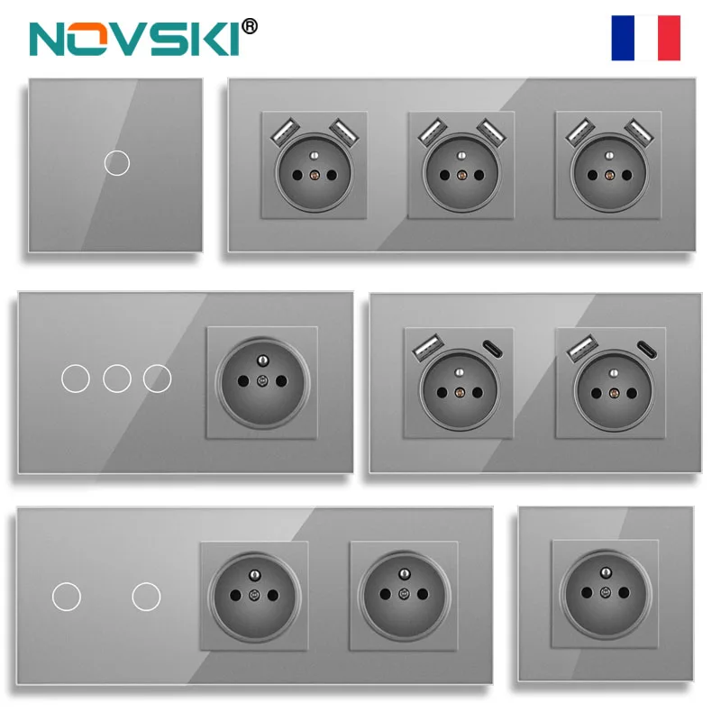 

Сенсорный выключатель NOVSKI, французская настенная розетка, светодиодные настенные выключатели света 1/2/3-клавишные, 1-позиционные, со стеклянной подсветкой, USB-зарядка для телефона, французские розетки