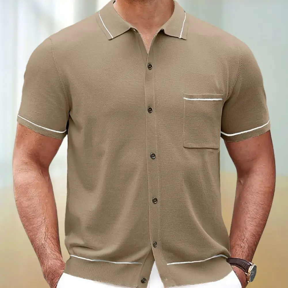 

Mens Casual Solid Knit Polo Shirts Classic Short Sleeve Lapel Collared Button Down Shirts Summer Vintage Golf Shirt with Pocket