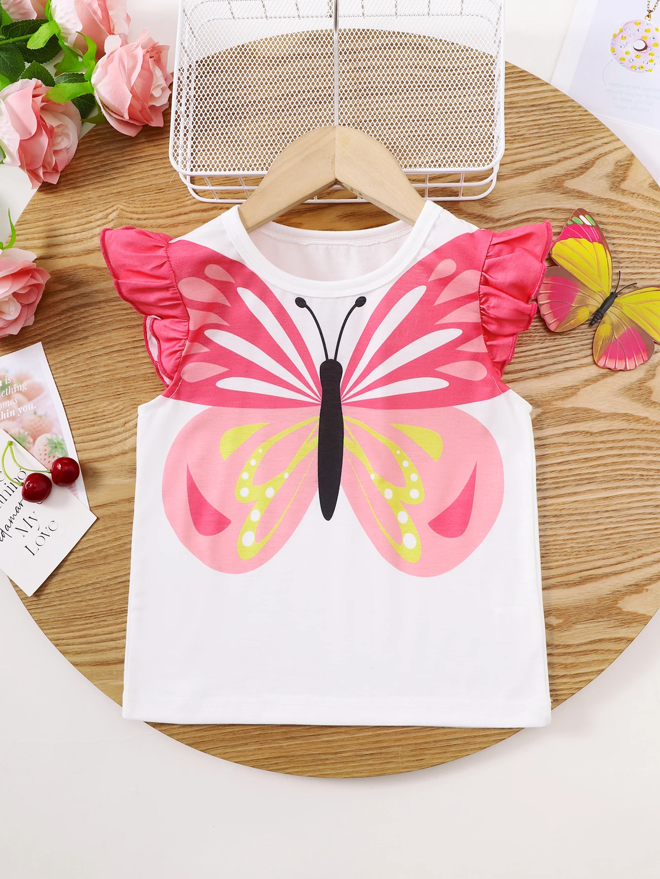 Sommer 4–7 Jahre altes cooles Mädchen-Kurzarm-T-Shirt mit Schmetterlingsdruck
