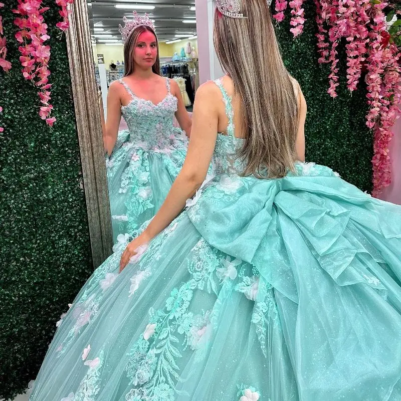 Customized Mint Green Quinceanera Dress Spaghetti 3D Floral Applique Flower Beaded Sweet 16 15 Vestidos De 15 Anos YQD478