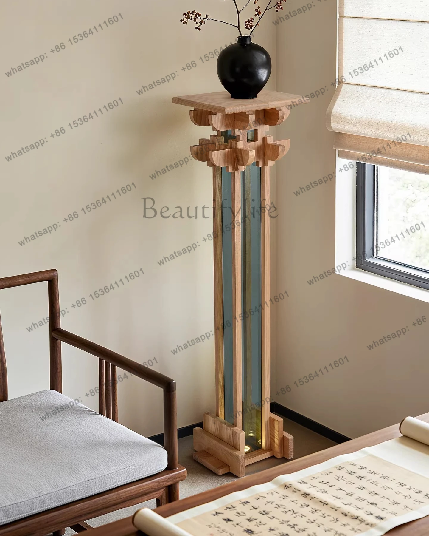 New Chinese solid wood decoration floor-to-ceiling Zen shelf ornaments bed hair shiny objects