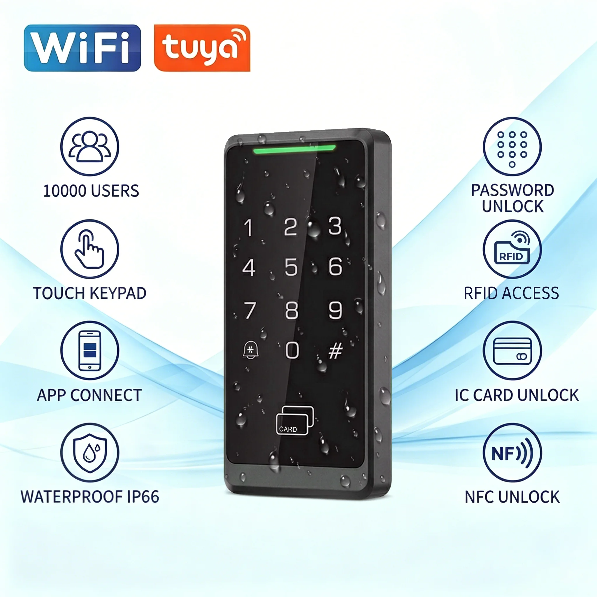 tuya-wi-fi対応ドアアクセスキーパッド、ip66防水、ic-idカード、パスワード、nfc-rfid、アプリによる遠隔操作、最大1000ユーザー、wiegand対応、家庭用・オフィス用。