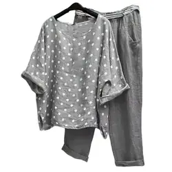 Conjunto de duas peças para mulheres, blusa e calça com estampa de pontos, manga meia longa, gola redonda, solta, camiseta de manga raglan e calças, primavera e verão