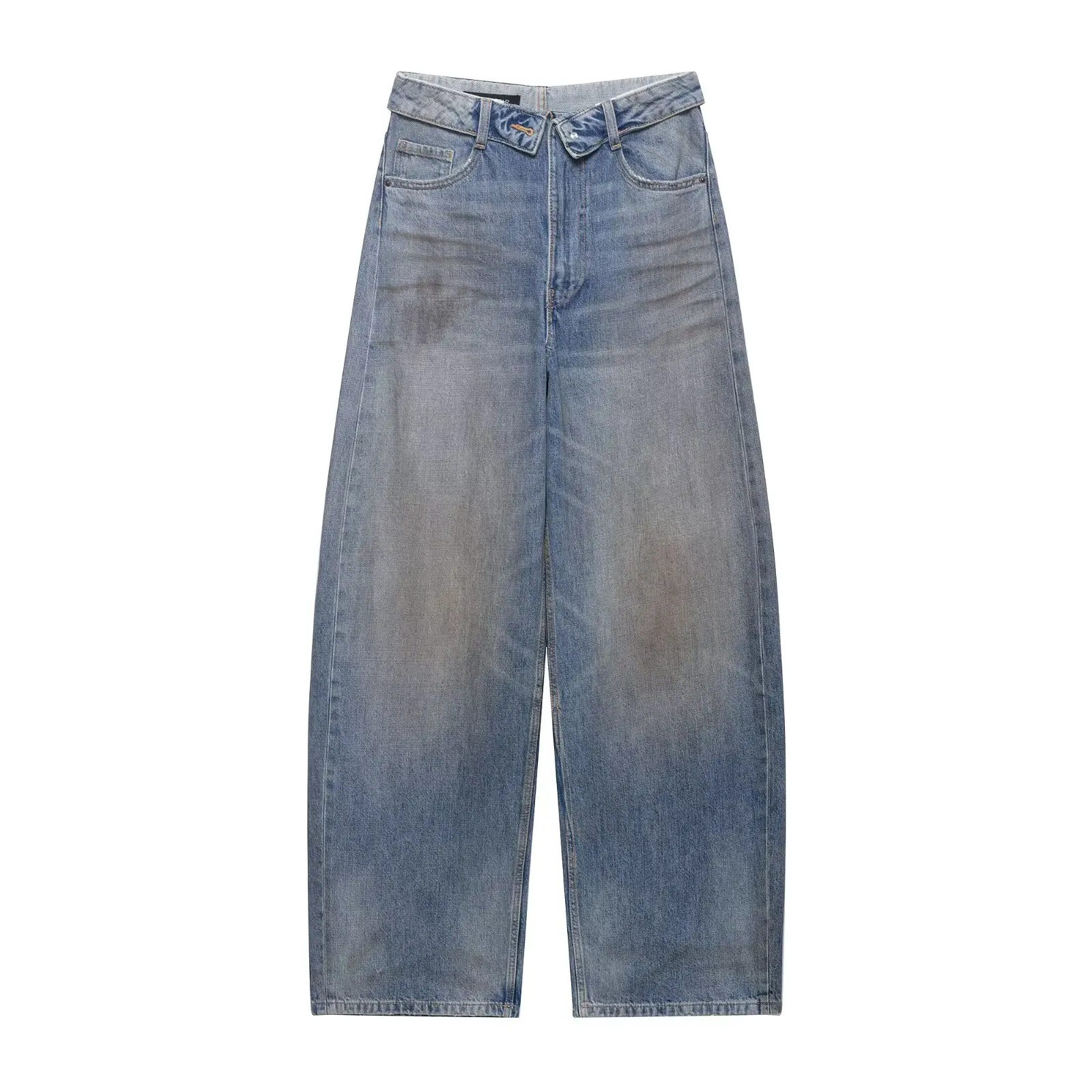 Fashionable Cuffed Denim Jeans Mid-Waist Spring New Style Women's Casual Pants Wide Leg Pants Natural Waist Polyester Fiber