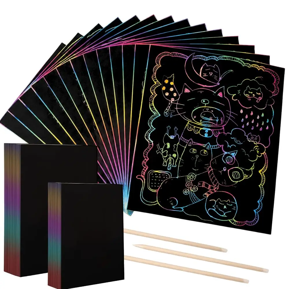 20pcs 16/32K Scratch Art Rainbow Drawing Paper with Wood Stylus DIY Activity Sheets YMY